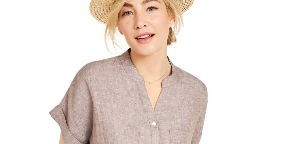 Charter Club Women's Linen Tie Front Button Up Shirt Brown Size X-Small