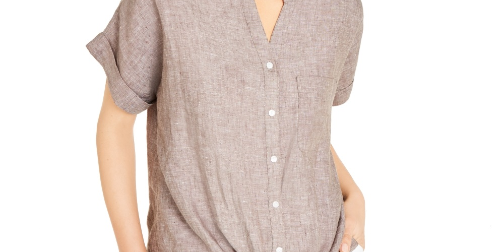 Charter Club Women's Linen Tie Front Button Up Shirt Brown Size X-Small