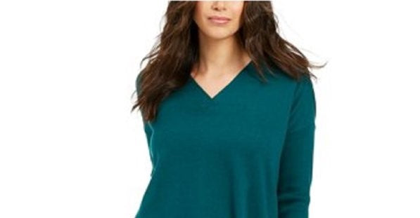 Style & Company Women's Solid Long Sleeve V Neck T-Shirt Top Green Size Petite