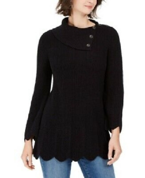 Style & Co Women's Scalloped-Hem Ribbed Sweater Black Size Large