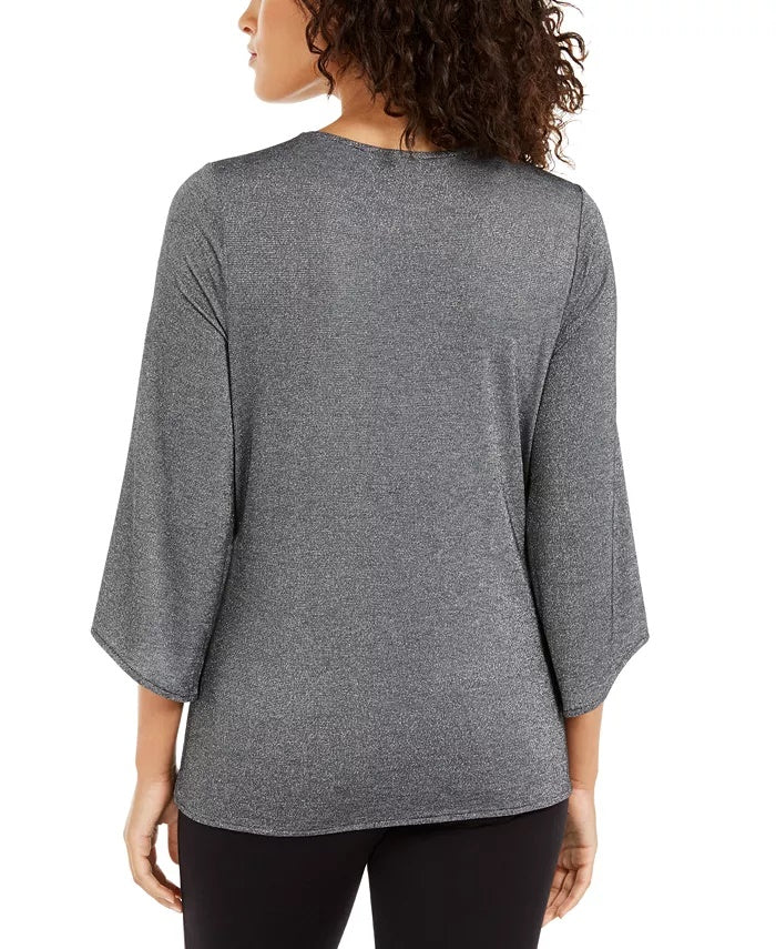 Alfani Women's Metallic Tie-Front Top Dark Gray Size Small