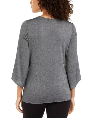 Alfani Women's Metallic Tie-Front Top Dark Gray Size Small