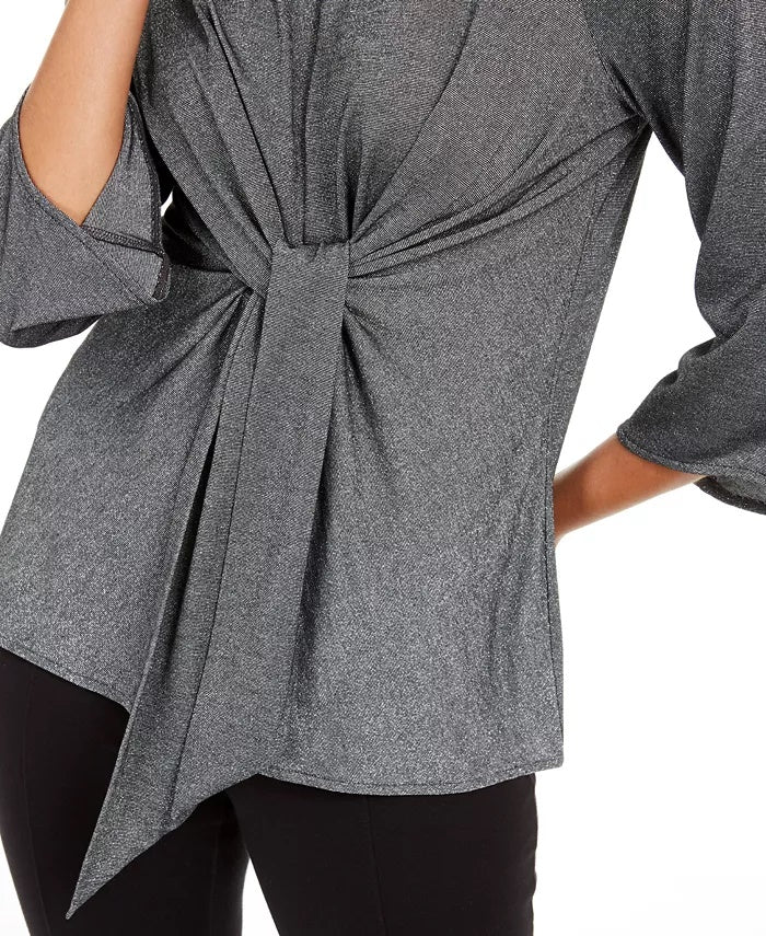 Alfani Women's Metallic Tie-Front Top Dark Gray Size Small