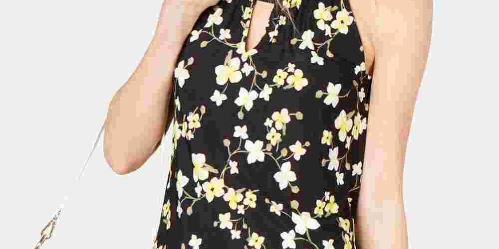 INC International Concepts Women's Printed Keyhole Halter Top Yellow Size Medium