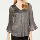 Alfani Women's Petite Metallic-Print Smocked-Sleeve Top Gray Size 44