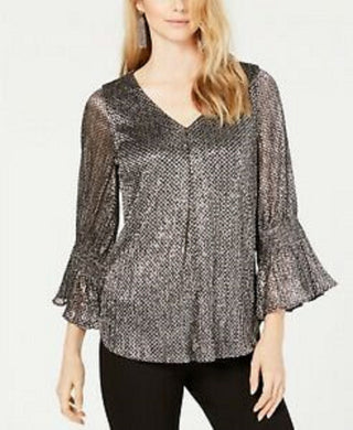 Alfani Women's Petite Metallic-Print Smocked-Sleeve Top Gray Size 44