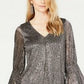Alfani Women's Petite Metallic-Print Smocked-Sleeve Top Gray Size 44