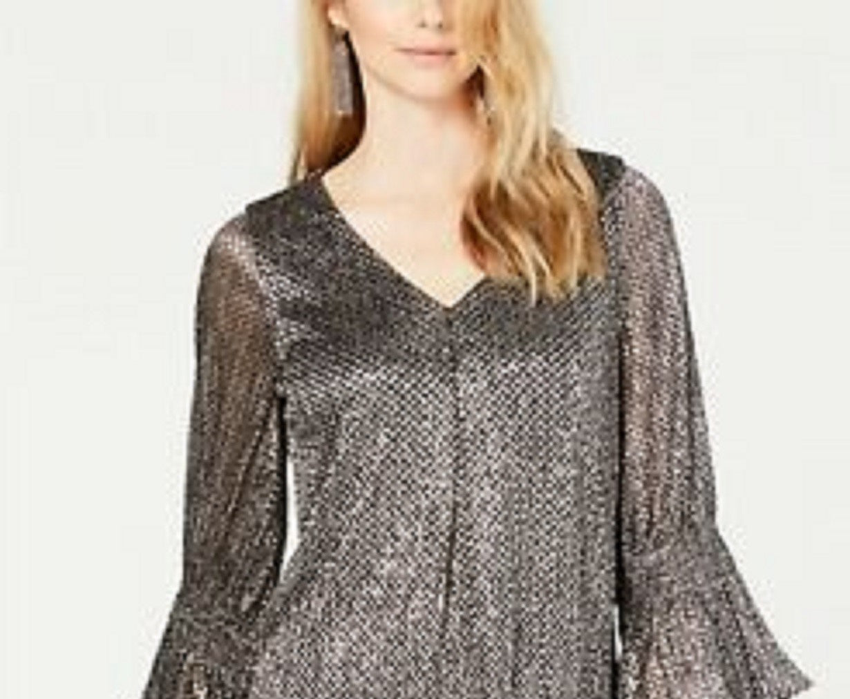 Alfani Women's Petite Metallic-Print Smocked-Sleeve Top Gray Size 44