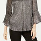 Alfani Women's Petite Metallic-Print Smocked-Sleeve Top Gray Size 44
