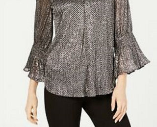 Alfani Women's Petite Metallic-Print Smocked-Sleeve Top Gray Size 44
