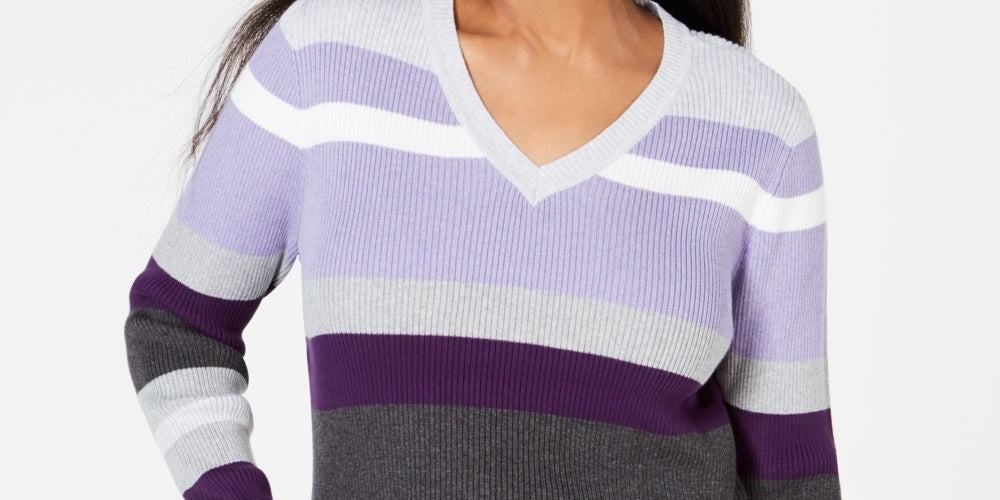 Karen Scott Women's Emma Cotton Striped Sweater Purple Combo Purple Size Petite Medium