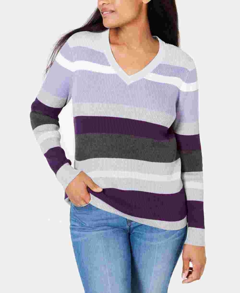 Karen Scott Women's Emma Cotton Striped Sweater  Purple Size Petite Small