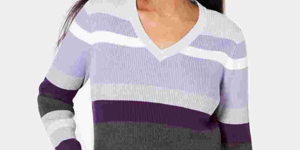 Karen Scott Women's Emma Cotton Striped Sweater  Purple Size Petite Small