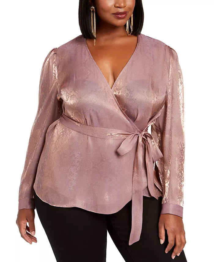 INC International Concepts Women's Plus Snake Embossed Faux Wrap Top Pink Size 1X