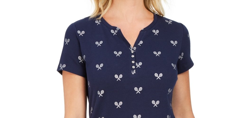 Karen Scott Women's Perfect Swing Metallic Embroidery Henley Top Navy Size Large