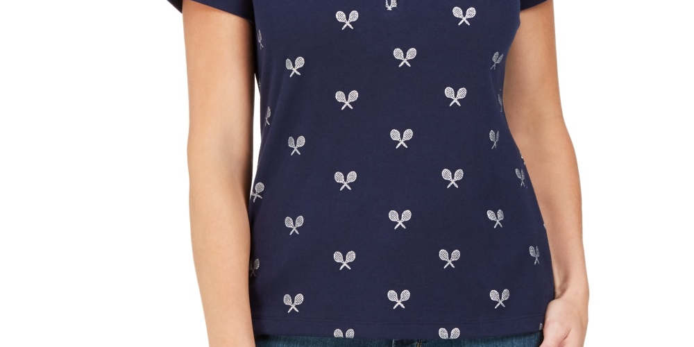 Karen Scott Women's Perfect Swing Metallic Embroidery Henley Top Navy Size Large
