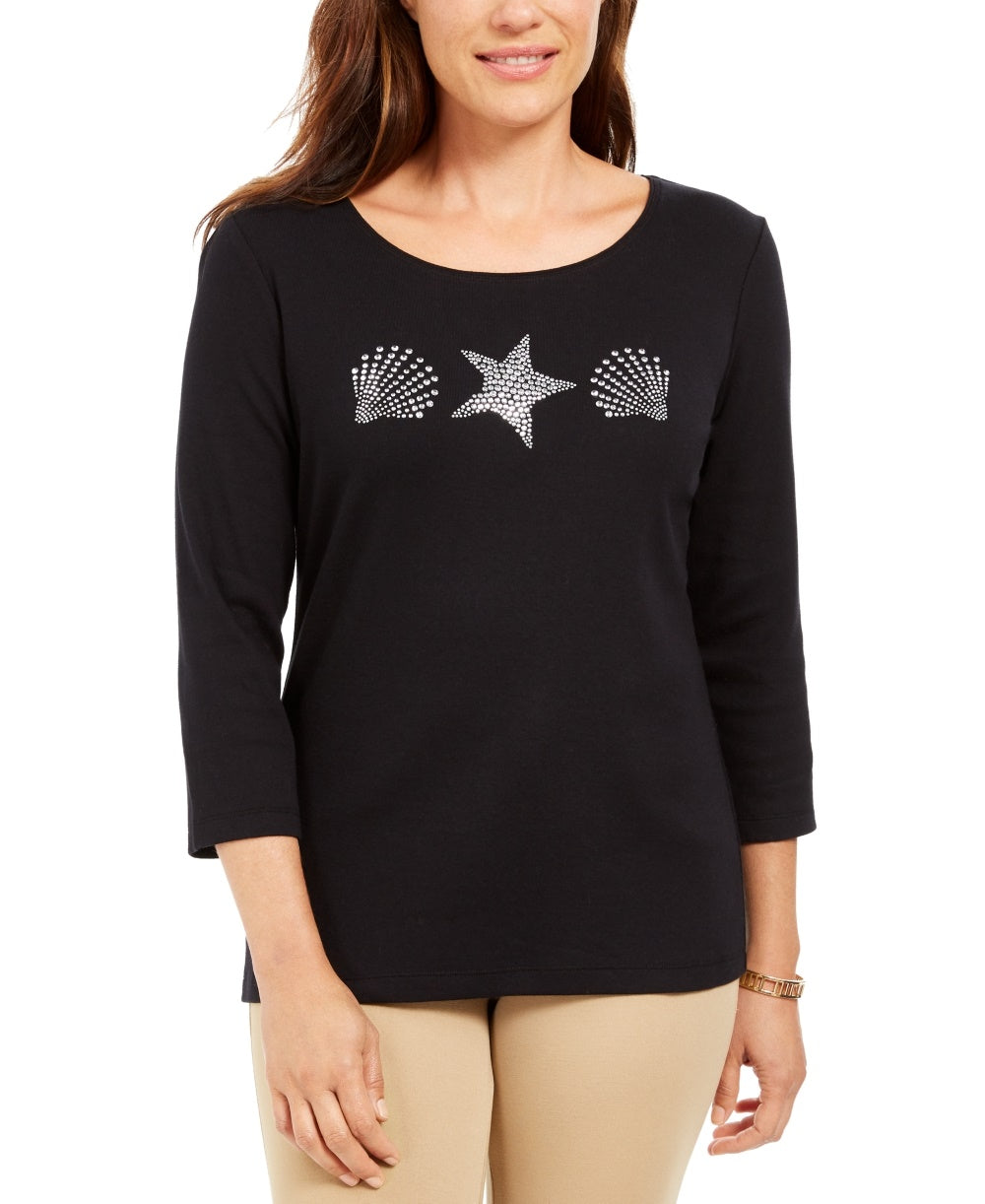 Karen Scott Women's Studded Seashell Top Black Size Small
