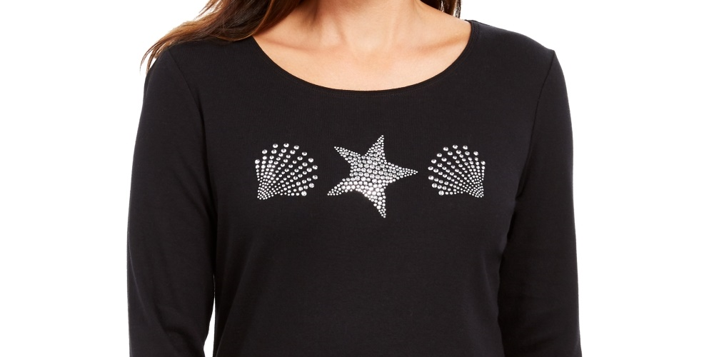 Karen Scott Women's Studded Seashell Top Black Size Small