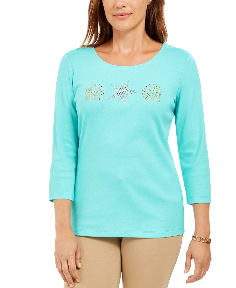 Karen Scott Women's Studded Seashell Top  Blue Size Small