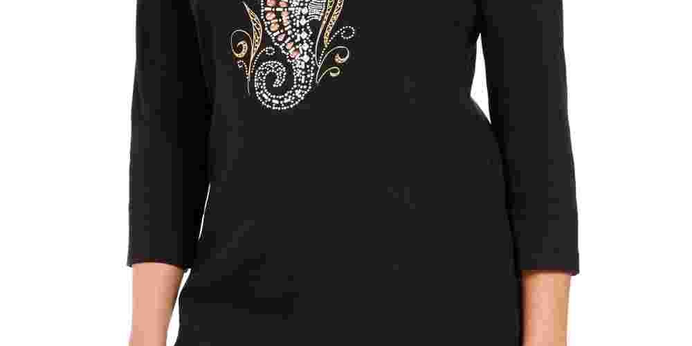 Karen Scott Women's Embellished Seahorse Top  Black Size Medium