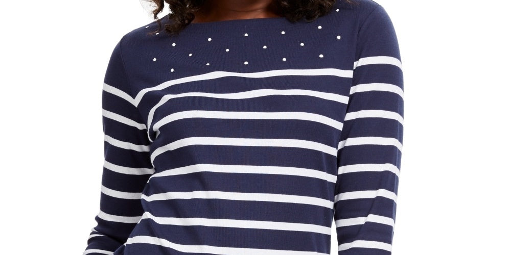 Karen Scott Women's Petite Striped Boatneck T-Shirt Navy Size Petite