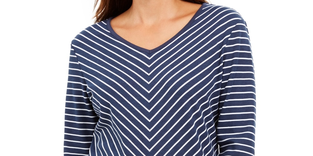 Karen Scott Women's Striped V Neck Top Navy Size Small