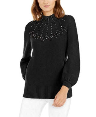 Alfani Women's Petite Mock-Neck Embellished Sweater Black Size Medium
