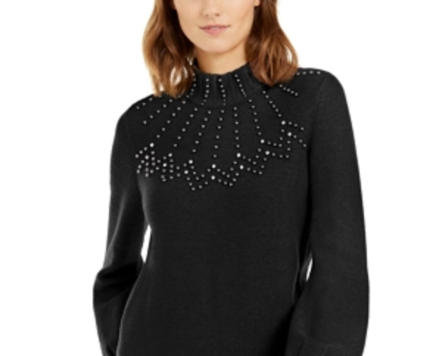 Alfani Women's Petite Mock-Neck Embellished Sweater Black Size Medium