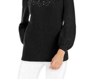 Alfani Women's Petite Mock-Neck Embellished Sweater Black Size Medium