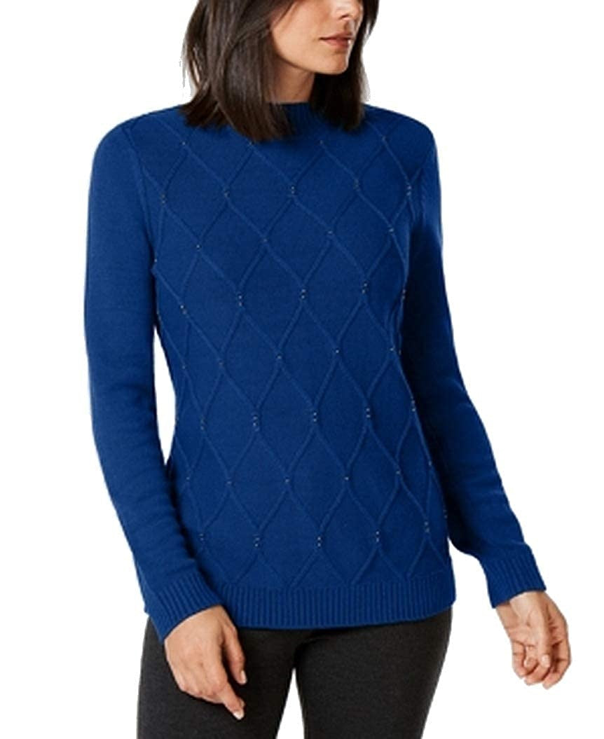Karen Scott Women's Beaded Cable Mock Neck Sweater Blue Size Medium
