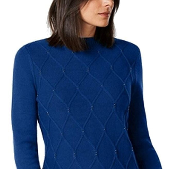 Karen Scott Women's Beaded Cable Mock Neck Sweater Blue Size Medium