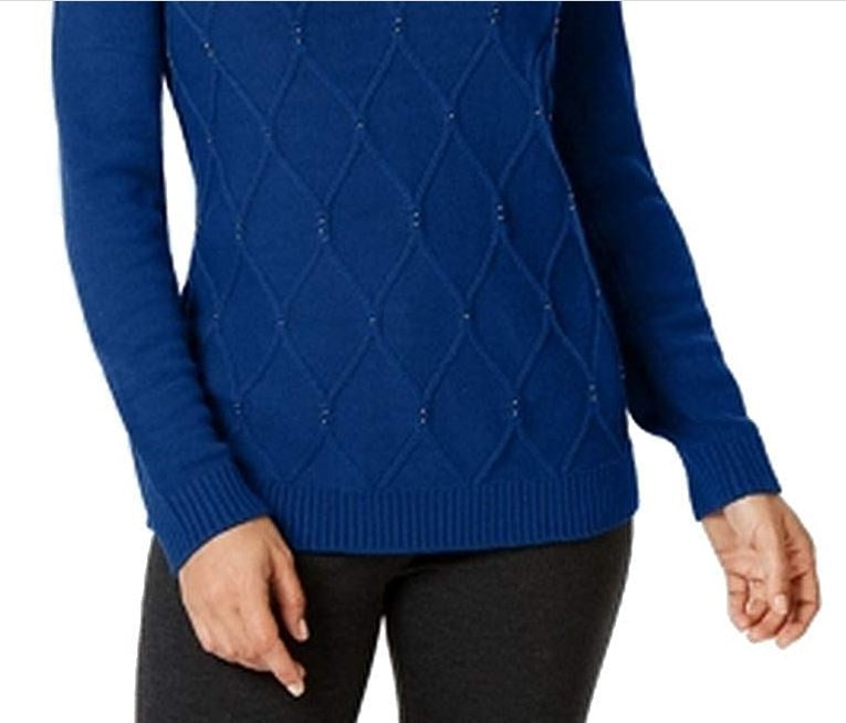 Karen Scott Women's Beaded Cable Mock Neck Sweater Blue Size Medium