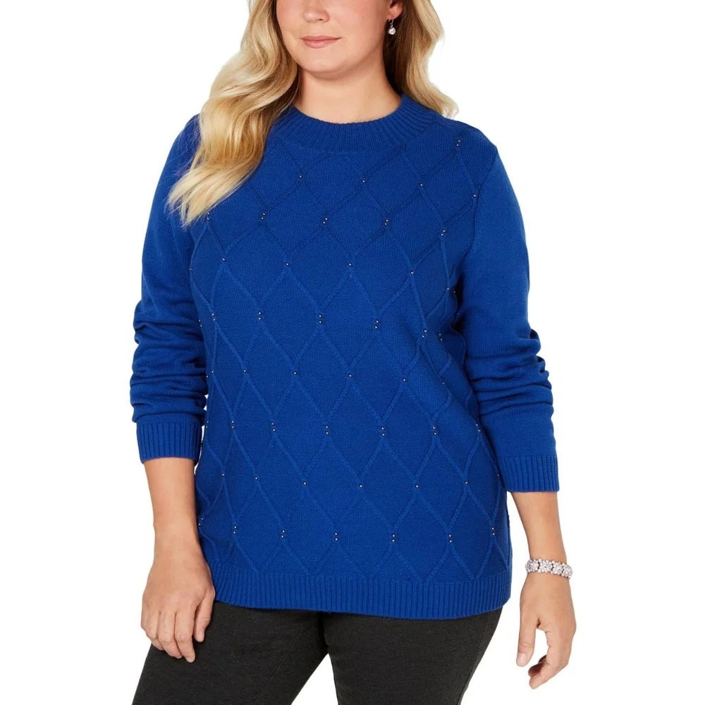 Karen Scott Women's Beaded Cable Mock Neck Sweater Bright Blue Size Small