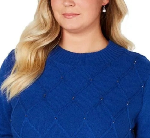 Karen Scott Women's Beaded Cable Mock Neck Sweater Bright Blue Size Small