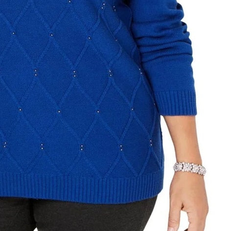 Karen Scott Women's Beaded Cable Mock Neck Sweater Bright Blue Size Small