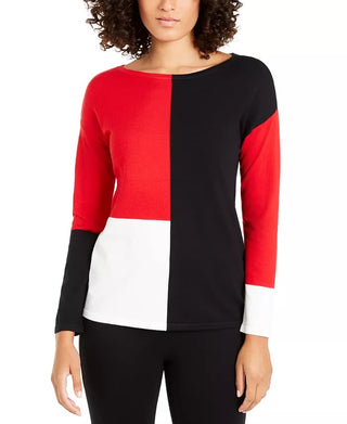 Alfani Women's Drop Shoulder Colorblocked Top Red Size Petite Small