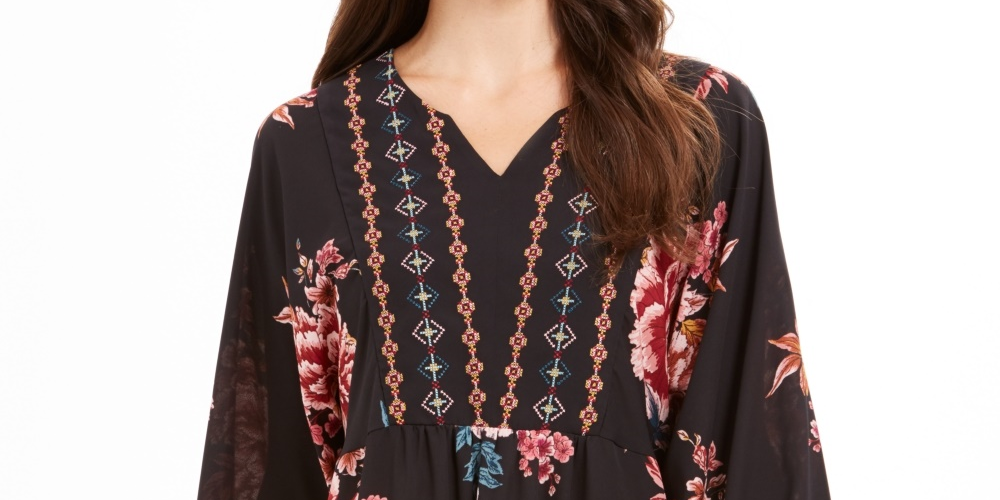 Style & Co Women's Printed Handkerchief Hem Peasant Top Black Size XX-Large