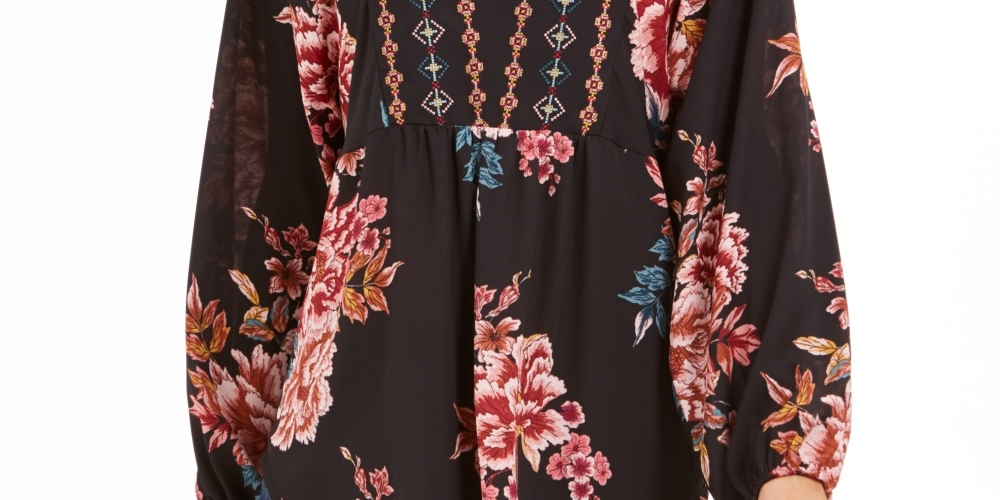 Style & Co Women's Printed Handkerchief Hem Peasant Top Black Size XX-Large