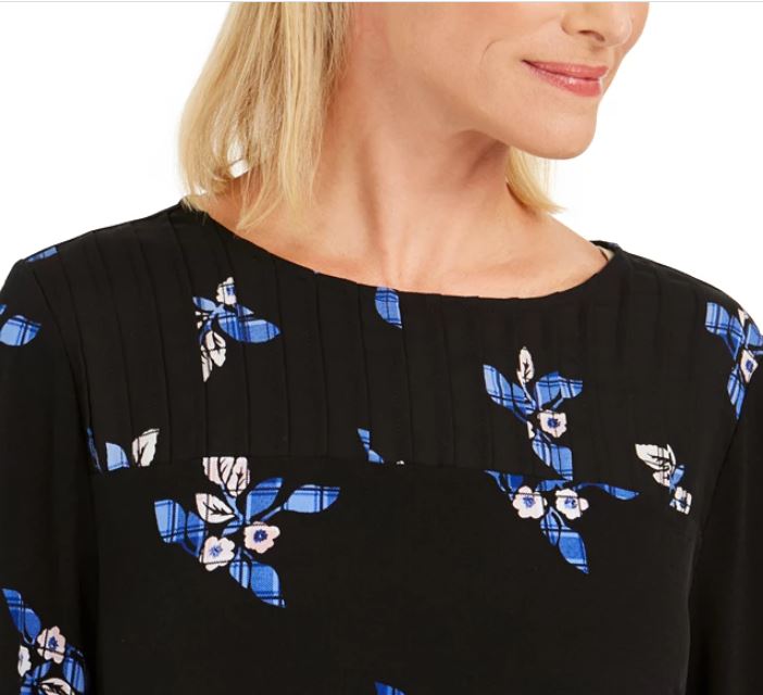 Charter Club Women's Floral Pintucked Top Black Size Petite Small