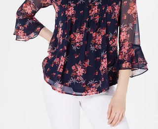 Charter Club Women's Floral Pintuck Top Red Size Small