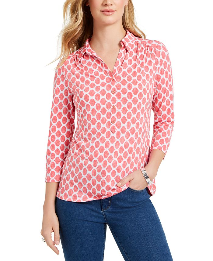 Charter Club Women's 3/4 Sleeve Printed Polo Top Pink Size Medium
