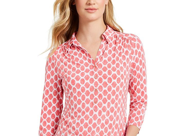 Charter Club Women's 3/4 Sleeve Printed Polo Top Pink Size Medium