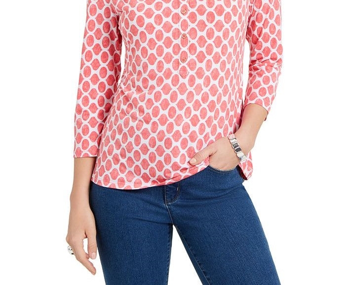 Charter Club Women's 3/4 Sleeve Printed Polo Top Pink Size Medium