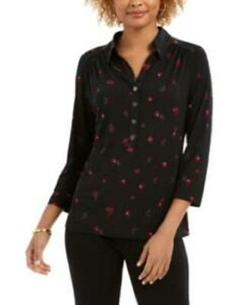 Charter Club Women's 3/4 Sleeve Printed Polo Top Black Size Small