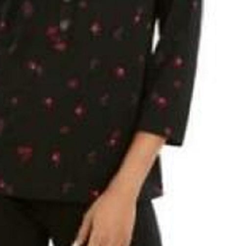 Charter Club Women's 3/4 Sleeve Printed Polo Top Black Size Small
