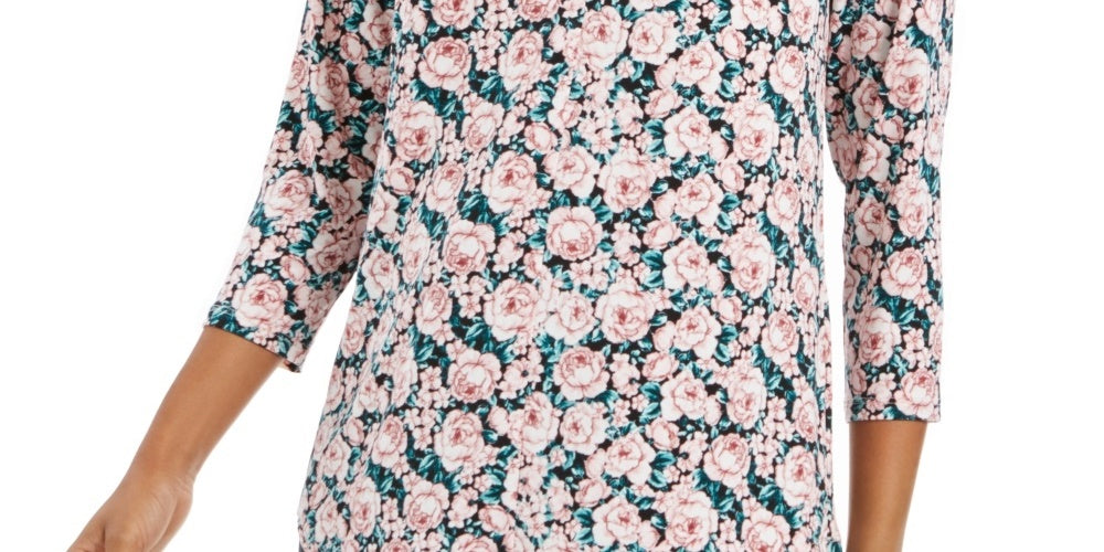 Charter Club Women's Floral Print Ruched V Neck Blouse Pink Size Large