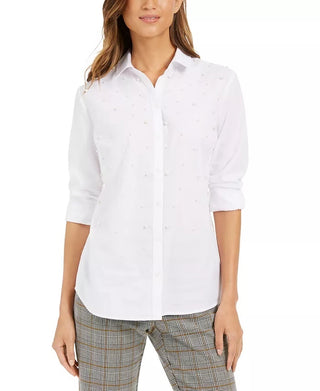 Charter Club Women's Faux-Pearl Shirt White Size Extra Small
