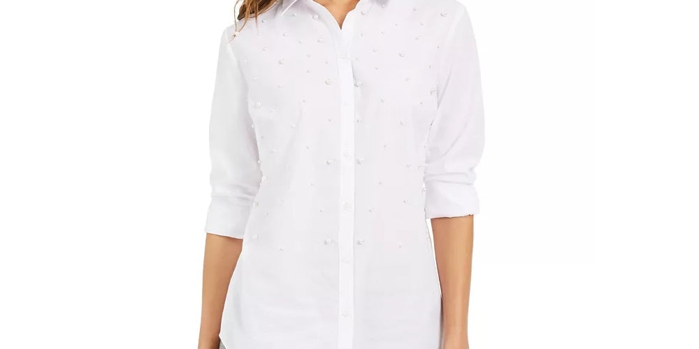 Charter Club Women's Faux-Pearl Shirt White Size Extra Small