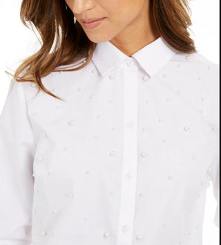 Charter Club Women's Faux Pearl Button Front Shirt White Size Petite Medium