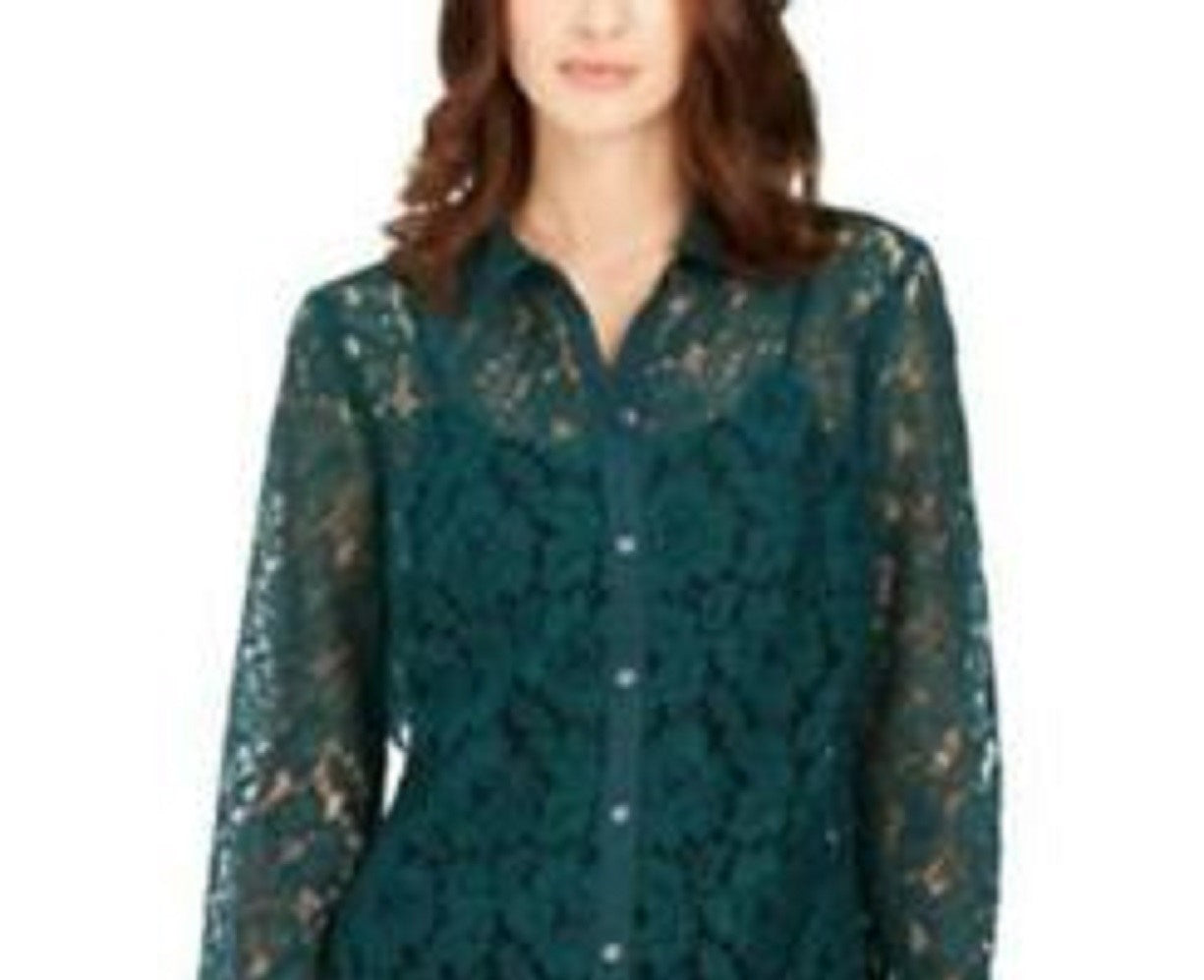 Charter Club Women's Lace Button-Down Top Dark Green Size Medium